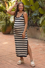 Beige Patterned Sleeveless Maternity Maxi Dress