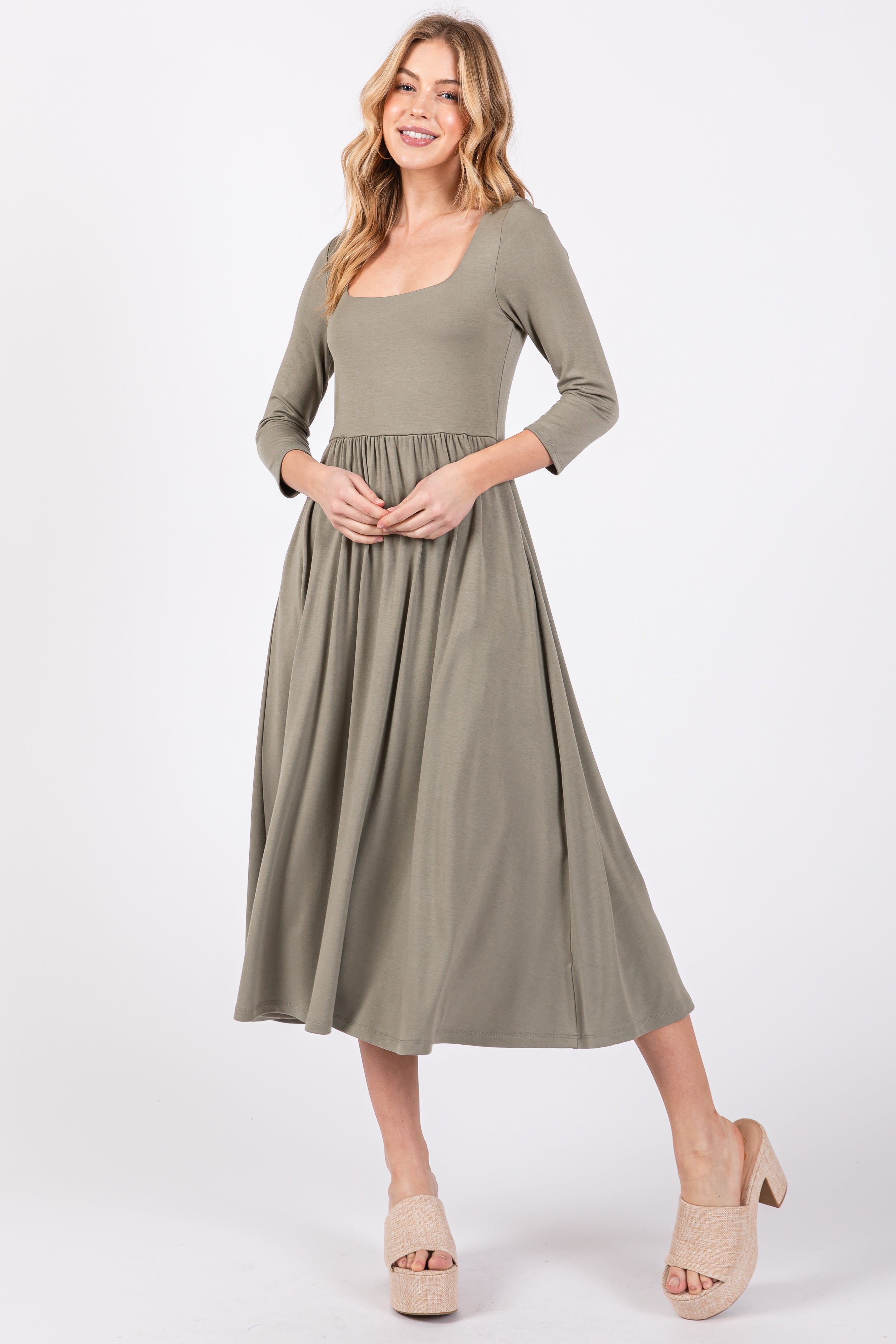 Light Olive Square Neck 3/4 Sleeve Maternity Midi Dress