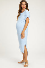 Light Blue Ribbed Short Sleeve Maternity Midi Dress