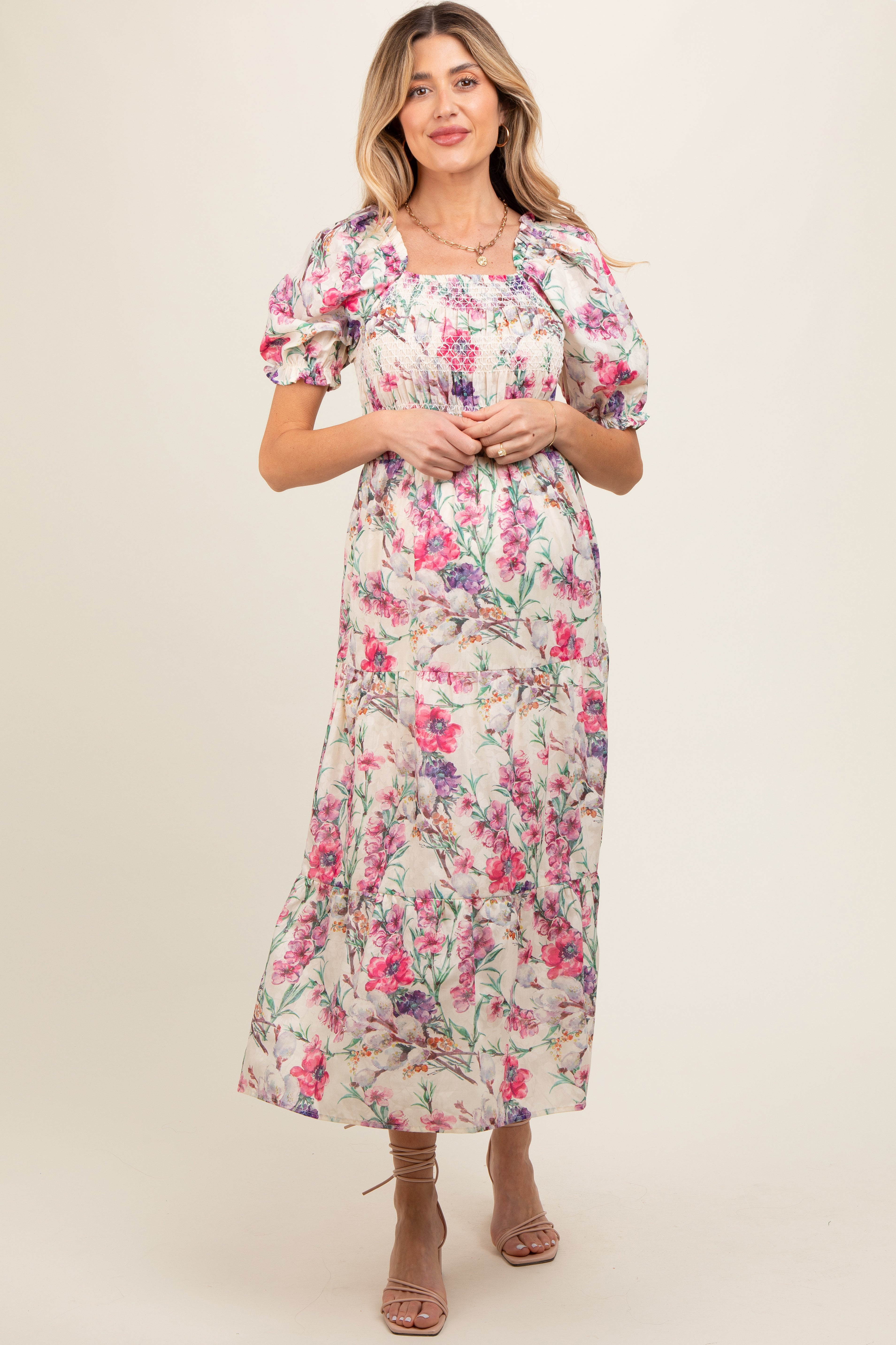 Cream Floral Puff Sleeve Smocked Maternity Midi Dress