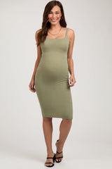 Light Olive Ribbed Square Neck Low Back Sleeveless Maternity Midi Dress