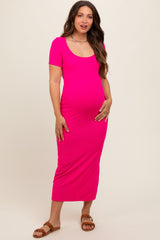 Fuchsia Ribbed Fitted Maternity Midi Dress