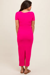 Fuchsia Ribbed Fitted Maternity Midi Dress