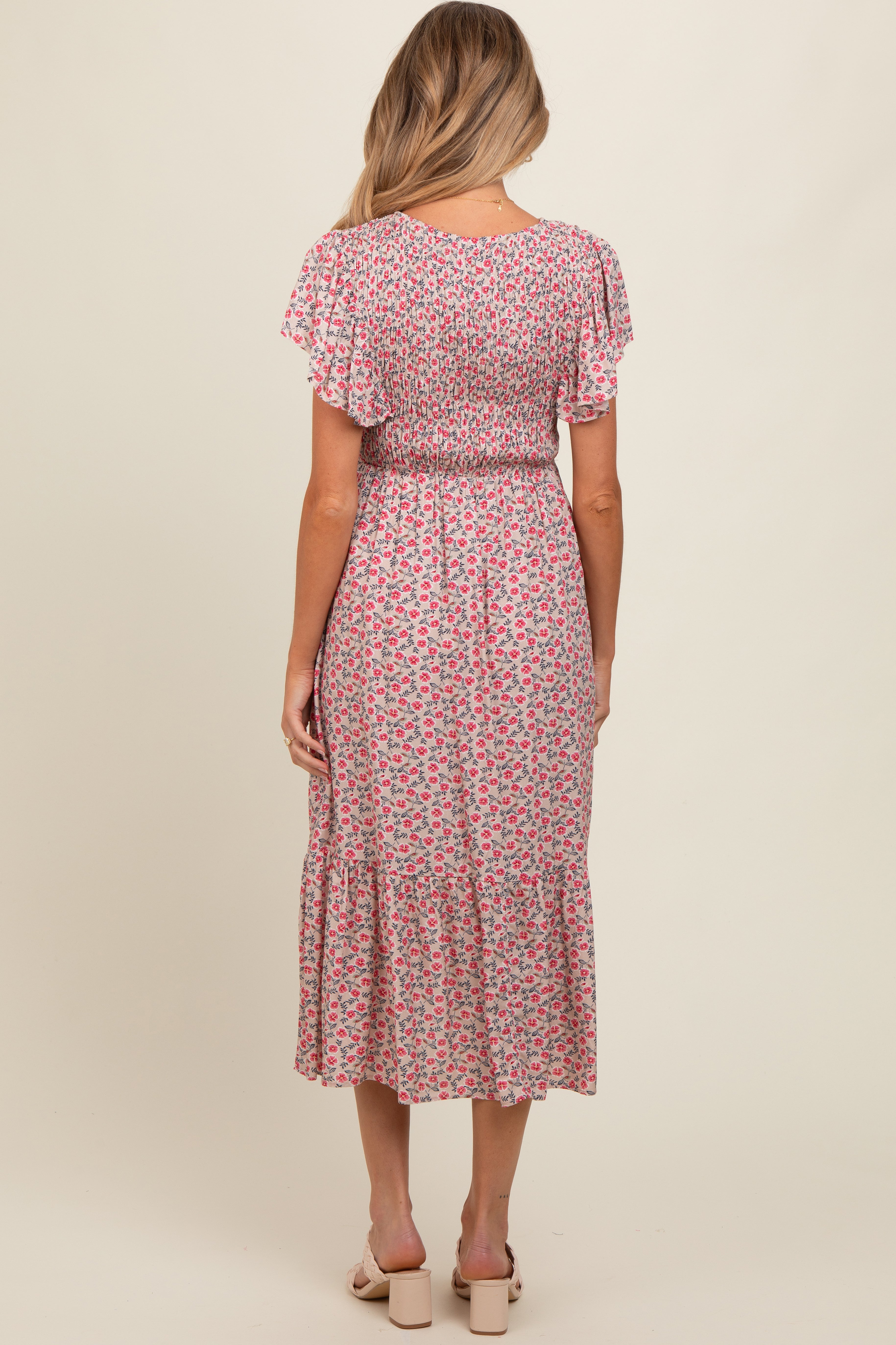 Beige Floral Smocked Maternity Midi Dress