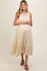 Cream Floral Lace Top Ruffle Hem Maternity Midi Dress
