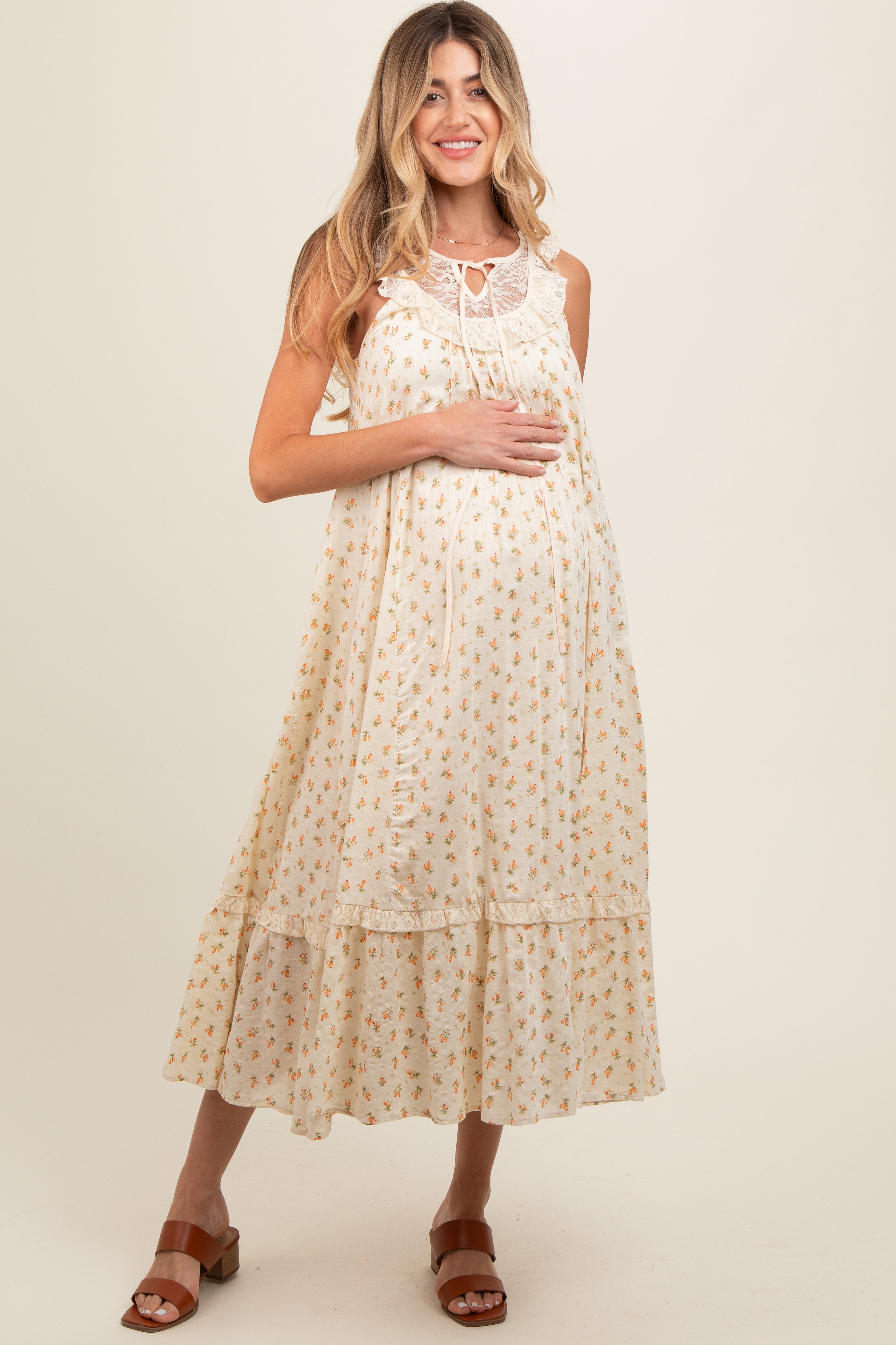 Cream Floral Lace Top Ruffle Hem Maternity Midi Dress