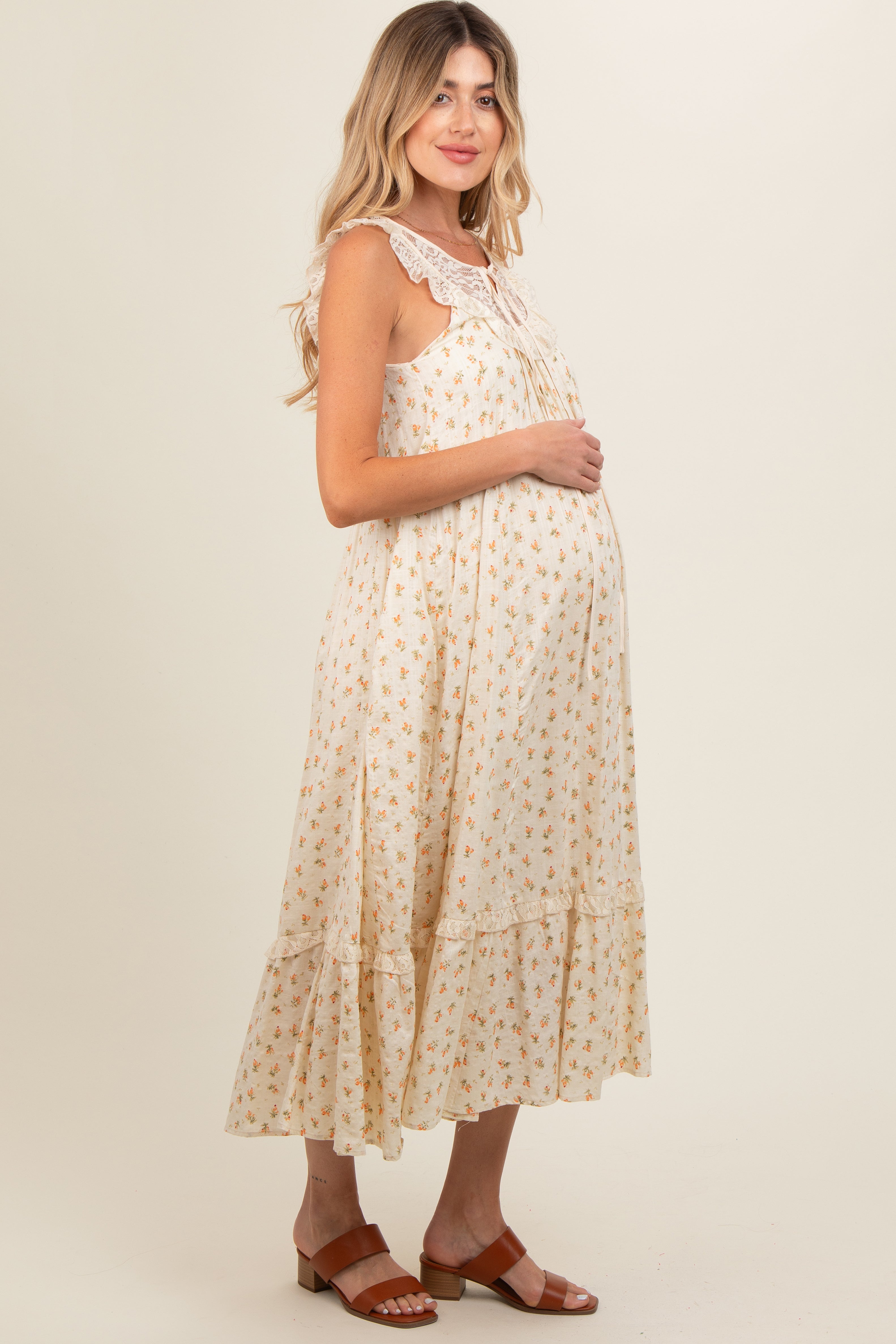 Cream Floral Lace Top Ruffle Hem Maternity Midi Dress