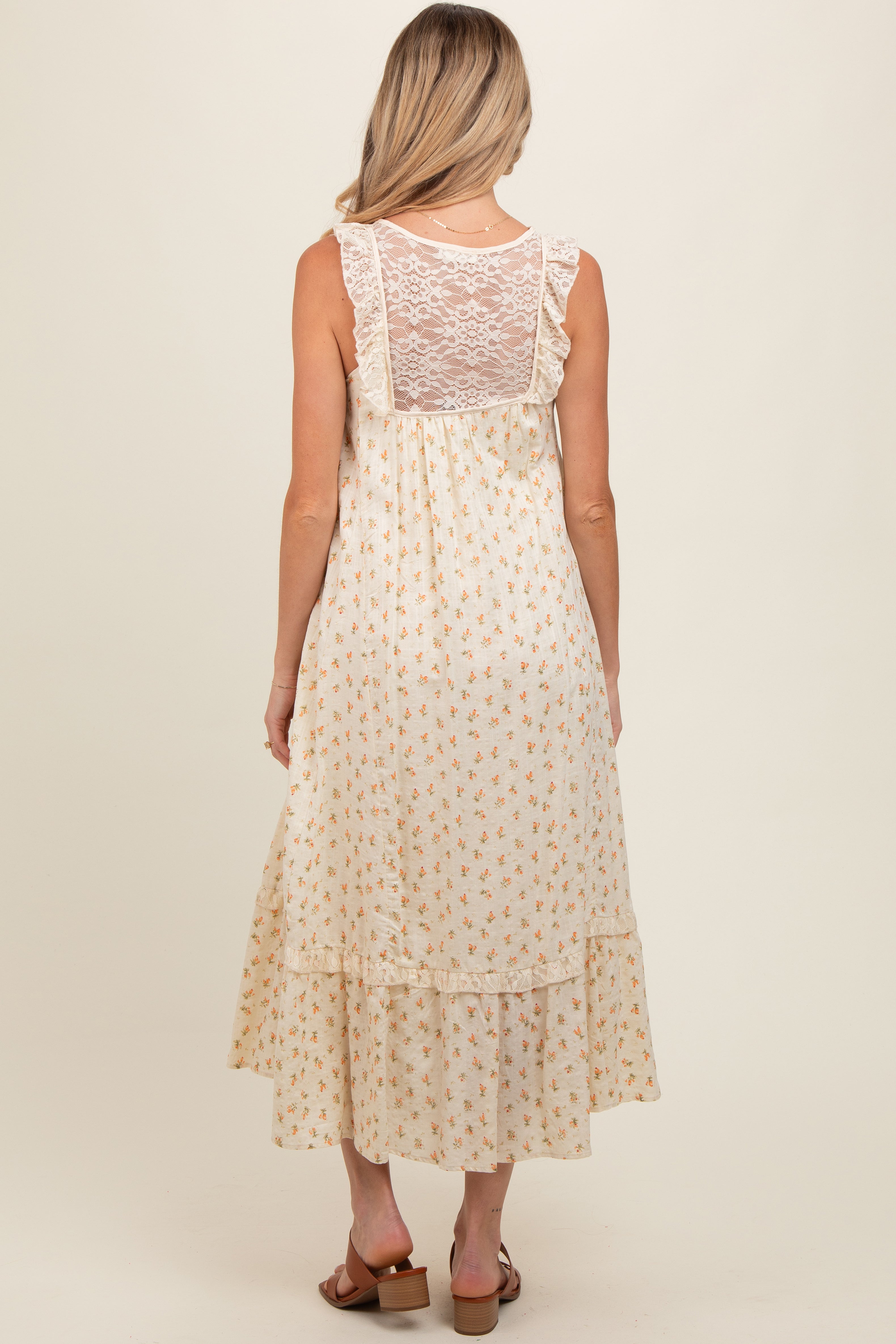 Cream Floral Lace Top Ruffle Hem Maternity Midi Dress