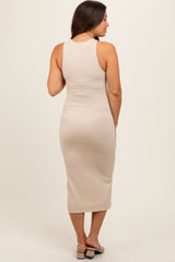 Beige Sleeveless Ribbed Knit Maternity Midi Dress