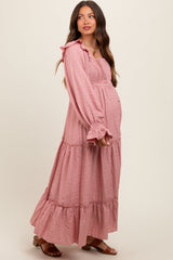 Mauve Button Pleated Front Square Neck Ruffle Tiered Maternity Maxi Dress